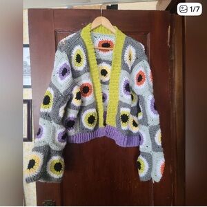 1970s Evil Eye Crochet Cardigan size l